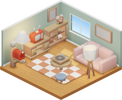 A furnished room: a sofa, a bookshelf, a television and a record player round a rug
